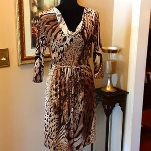 Sunny Leigh dress animal print black brown leopard cowl stretch tie belt S EUC